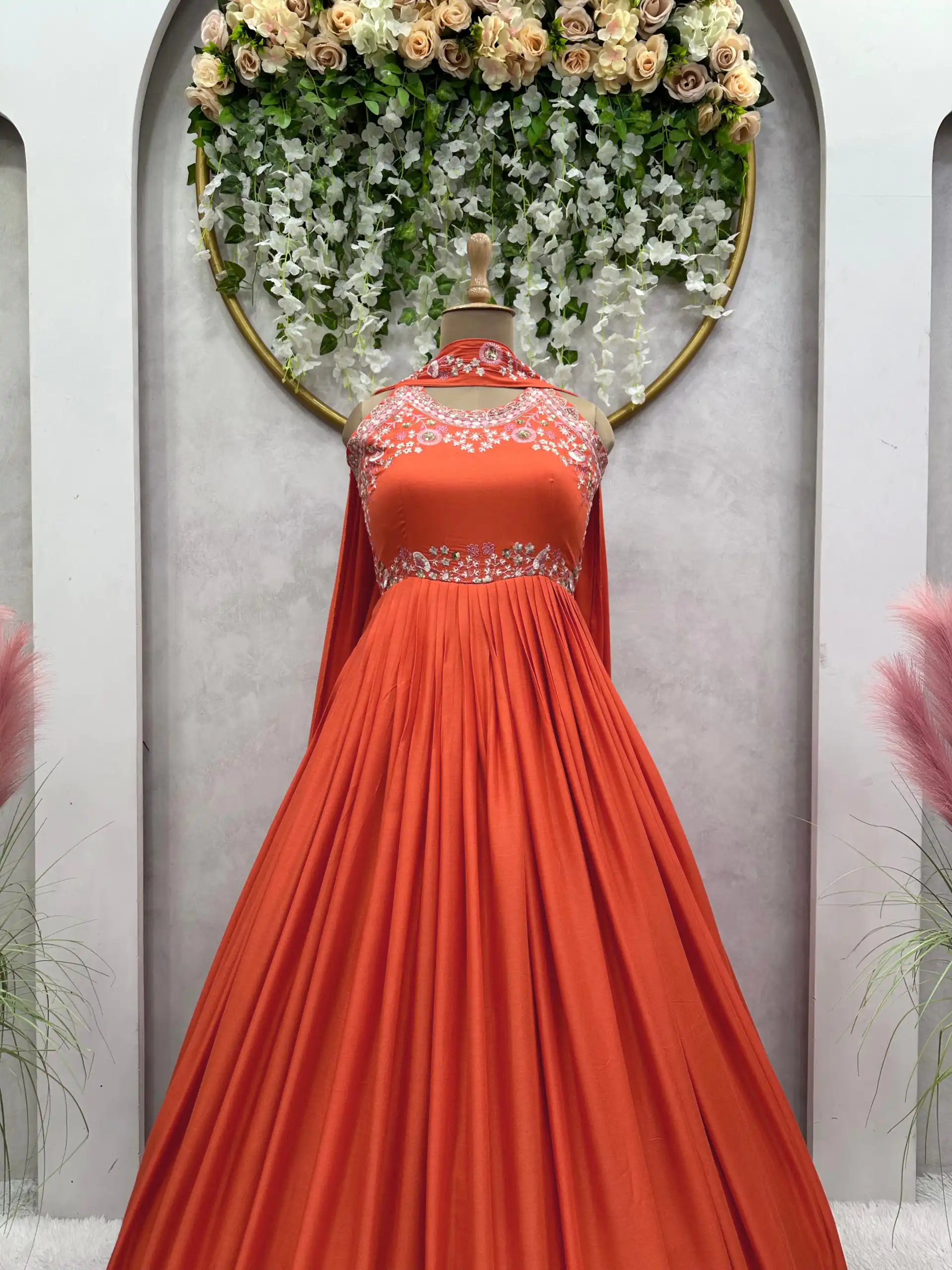 RTC 5686 Orange  Color Maslin silk Thread Work Anarkali Suit Casual, Wedding, Party, Festive, Events. Expected Delivery 4-6 Working Days @1949/- | Anarkali Suits, Bollywood Anarkali, Creative-Anarkali, Designer Anarkali, Embroidered Anarkali, Party Wear Anarkali