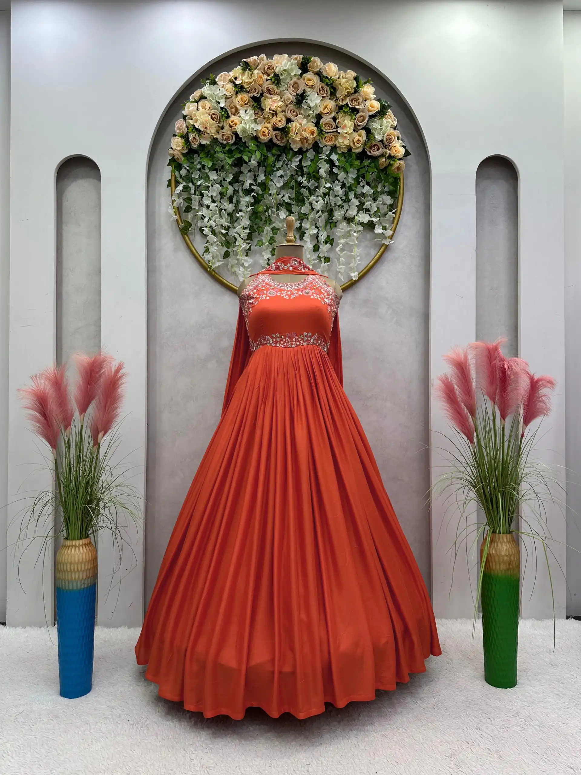 RTC 5686 Orange  Color Maslin silk Thread Work Anarkali Suit Casual, Wedding, Party, Festive, Events. Expected Delivery 4-6 Working Days @1949/- | Anarkali Suits, Bollywood Anarkali, Creative-Anarkali, Designer Anarkali, Embroidered Anarkali, Party Wear Anarkali