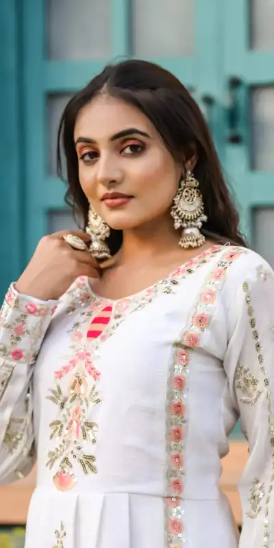 SRK 5163 White Color Chinnon Silk Embroidery Salwar Suit Wedding, Party, Festive, Events Expected Delivery 4-6 Working Days @ 2299/- | Salwar suit, Casual Suits, Creative suits, Designer Suits, Palazzo Suits, Party Wear Suits, Patiala Suits, Straight Suits