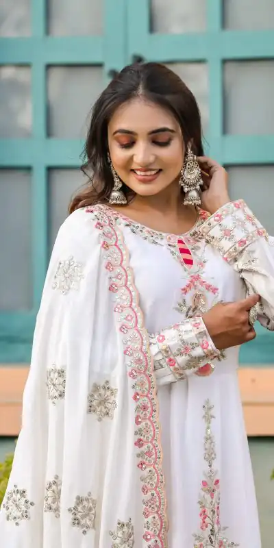 SRK 5163 White Color Chinnon Silk Embroidery Salwar Suit Wedding, Party, Festive, Events Expected Delivery 4-6 Working Days @ 2299/- | Salwar suit, Casual Suits, Creative suits, Designer Suits, Palazzo Suits, Party Wear Suits, Patiala Suits, Straight Suits