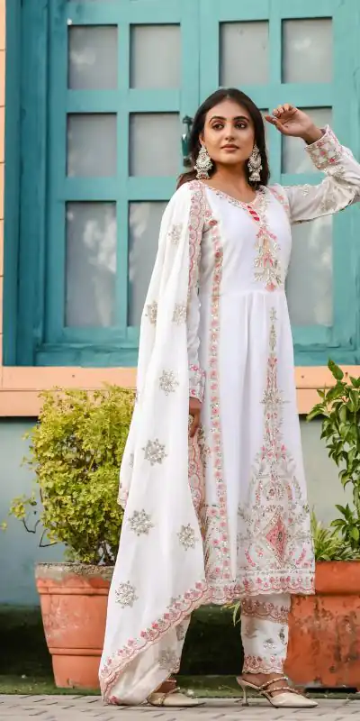 SRK 5163 White Color Chinnon Silk Embroidery Salwar Suit Wedding, Party, Festive, Events Expected Delivery 4-6 Working Days @ 2299/- | Salwar suit, Casual Suits, Creative suits, Designer Suits, Palazzo Suits, Party Wear Suits, Patiala Suits, Straight Suits