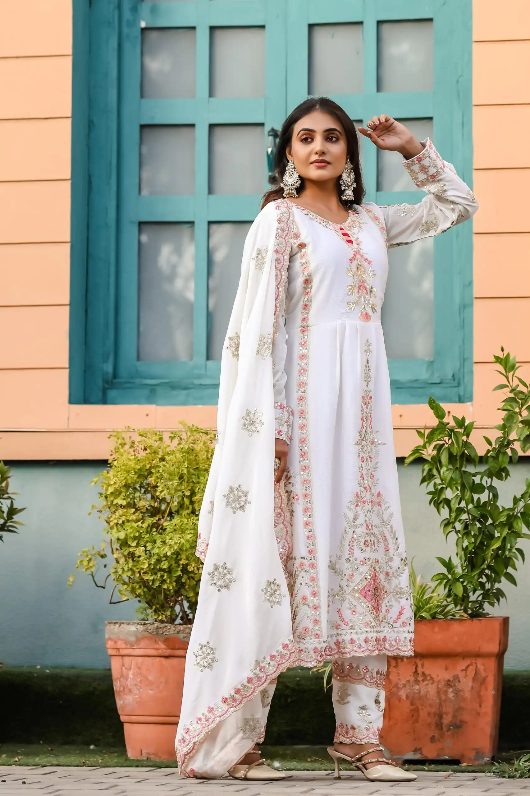 SRK 5163 White Color Chinnon Silk Embroidery Salwar Suit Wedding, Party, Festive, Events Expected Delivery 4-6 Working Days @ 2299/- | Salwar suit, Casual Suits, Creative suits, Designer Suits, Palazzo Suits, Party Wear Suits, Patiala Suits, Straight Suits