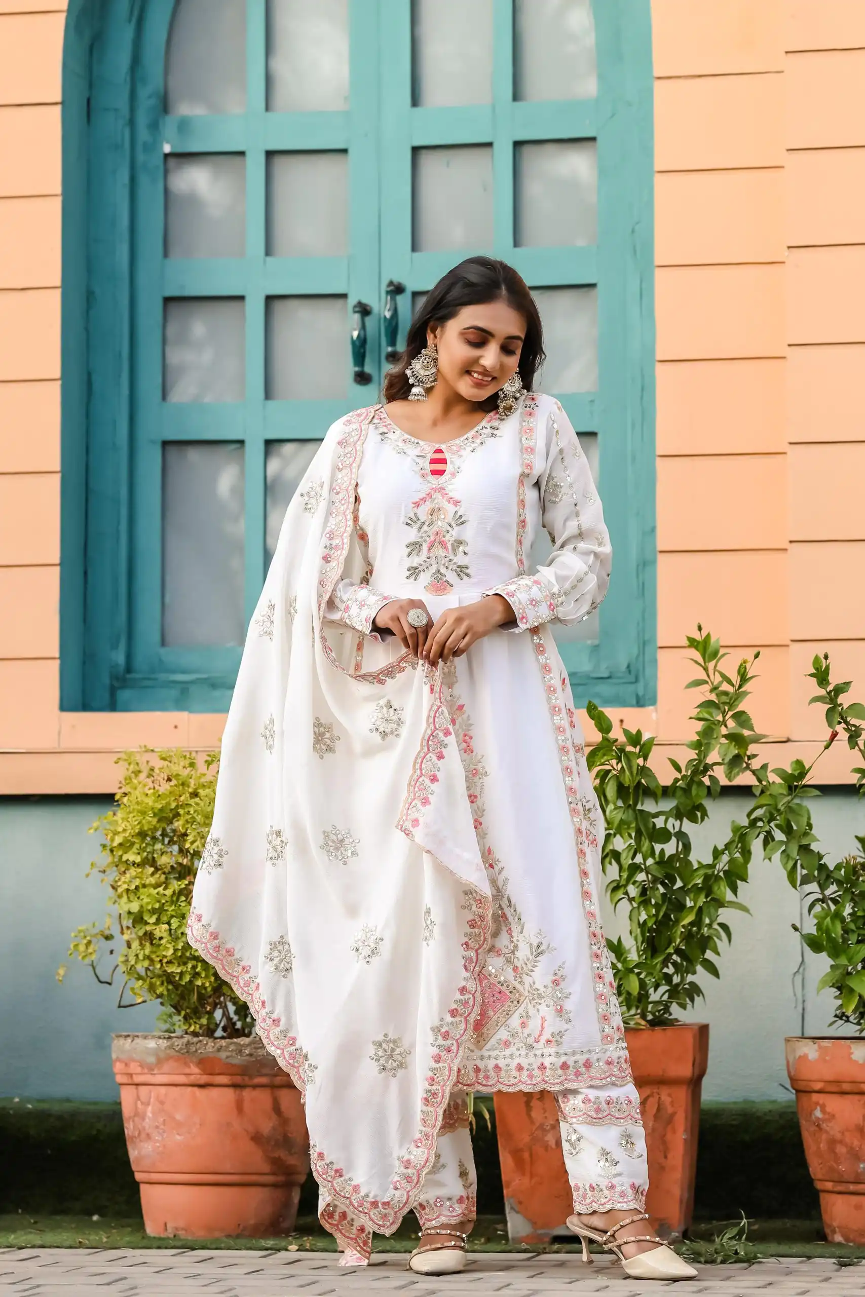 SRK 5163 White Color Chinnon Silk Embroidery Salwar Suit Wedding, Party, Festive, Events Expected Delivery 4-6 Working Days @ 2299/- | Salwar suit, Casual Suits, Creative suits, Designer Suits, Palazzo Suits, Party Wear Suits, Patiala Suits, Straight Suits