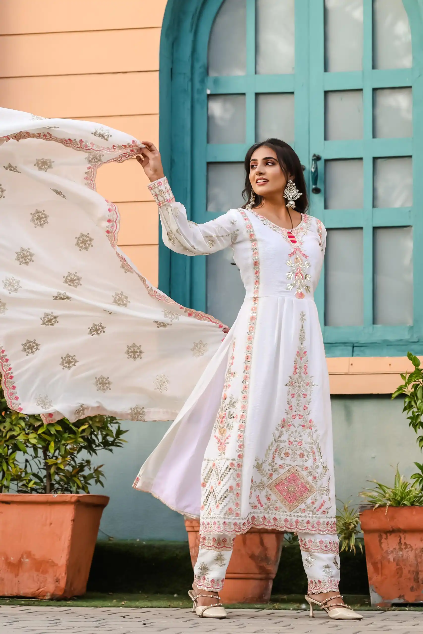 SRK 5163 White Color Chinnon Silk Embroidery Salwar Suit Wedding, Party, Festive, Events Expected Delivery 4-6 Working Days @ 2299/- | Salwar suit, Casual Suits, Creative suits, Designer Suits, Palazzo Suits, Party Wear Suits, Patiala Suits, Straight Suits