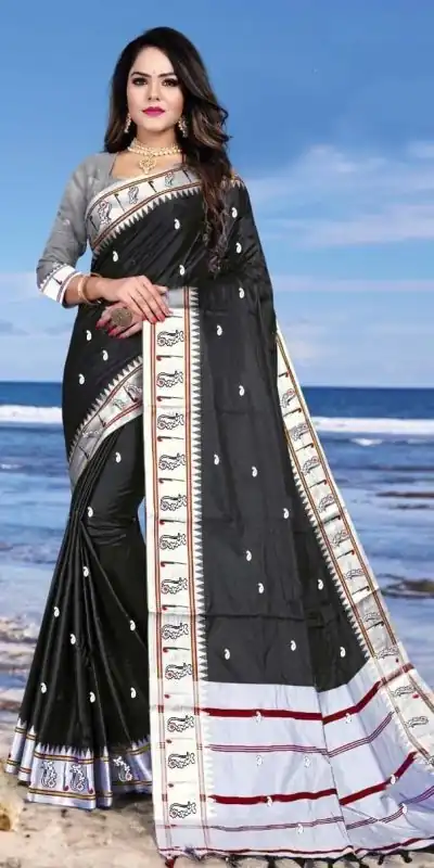 SC Plathian silk Black Color Soft Lichi Silk Silver Zari Design Saree , Party Wear, Events, Festivals Expected Delivery 4-6 Working Days 1499/- | Designer Sarees, Sarees, Bollywood Sarees, Creative Sarees, Embroidered Sarees, Ethnic Saree, Modern Digital sarees, Party Wear Sarees