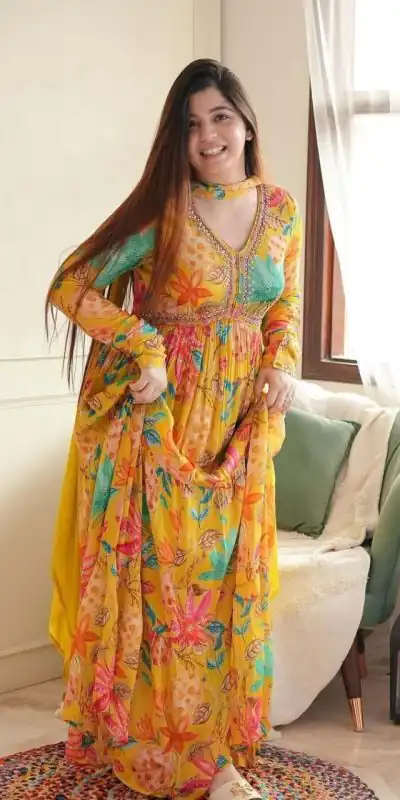 MC 1018 Yellow Color Chiffon V-Neck Gathered Midi Gown Casual, Party Wear, Wedding, Events, Festivals Wear Expected Delivery 4-6 Working Days @1899/- | Gowns, Bollywood Gowns, Creative Gowns, Designer Gowns, Embroidered Gowns, Party Wear Gowns