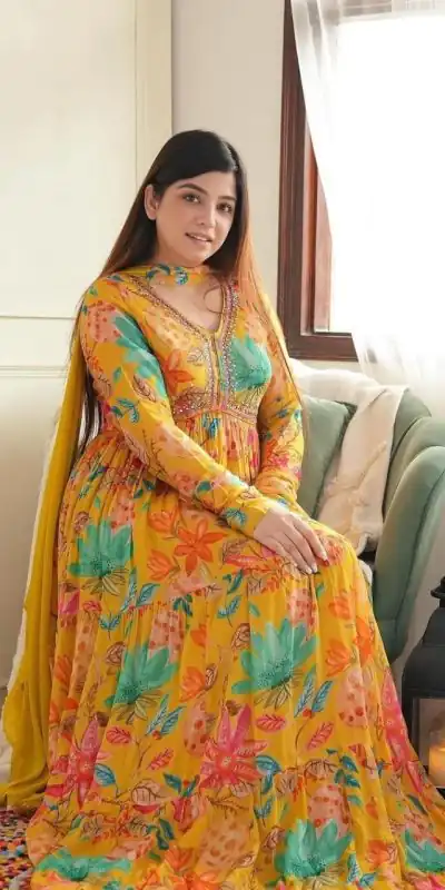 MC 1018 Yellow Color Chiffon V-Neck Gathered Midi Gown Casual, Party Wear, Wedding, Events, Festivals Wear Expected Delivery 4-6 Working Days @1899/- | Gowns, Bollywood Gowns, Creative Gowns, Designer Gowns, Embroidered Gowns, Party Wear Gowns