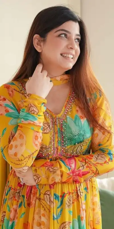 MC 1018 Yellow Color Chiffon V-Neck Gathered Midi Gown Casual, Party Wear, Wedding, Events, Festivals Wear Expected Delivery 4-6 Working Days @1899/- | Gowns, Bollywood Gowns, Creative Gowns, Designer Gowns, Embroidered Gowns, Party Wear Gowns