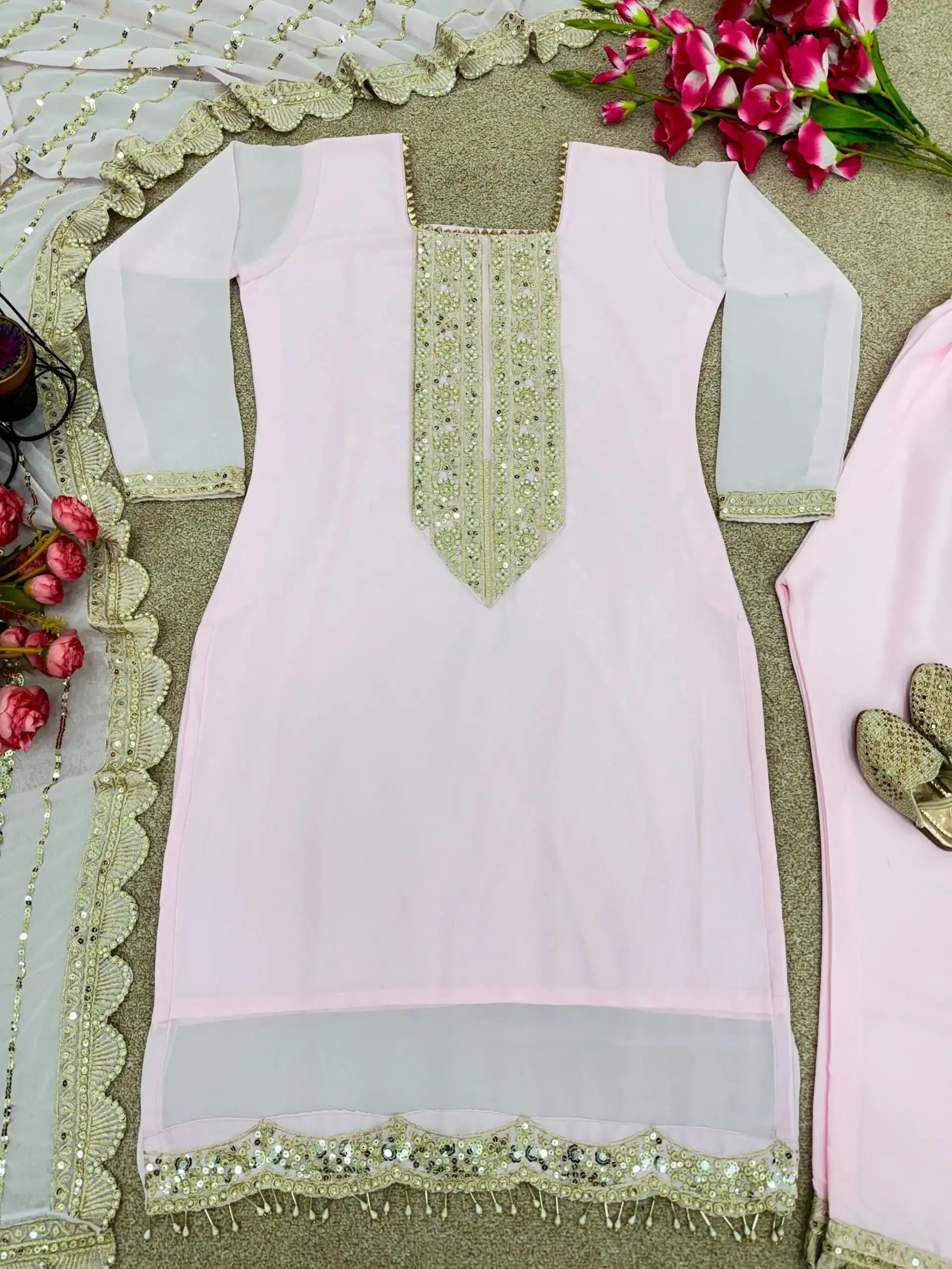 ZF 1604 Baby Pink Color Georgette Embroidery Diamond Handwork Salwar Suit Casual, Wedding, Party, Events Etc. Expected Delivery 4-6 Working Days 1949/- | Jump Suits, Salwar suit, Casual Suits, Creative suits, Designer Suits, Palazzo Suits, Party Wear Suits, Patiala Suits, Straight Suits
