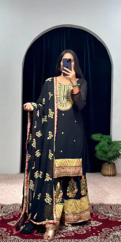 ST 1050 Black Color Georgette Embroidery Stone & Mirror Salwar Suit Casual, Wedding, Party, Festive, Events Etc. Expected Delivery 4-6 Working Days @2199/- | Jump Suits, Salwar suit, Casual Suits, Creative suits, Designer Suits, Palazzo Suits, Party Wear Suits, Patiala Suits, Straight Suits