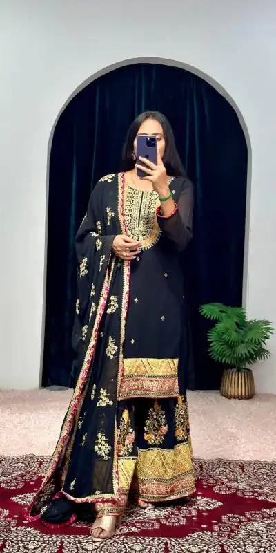 ST 1050 Black Color Georgette Embroidery Stone & Mirror Salwar Suit Casual, Wedding, Party, Festive, Events Etc. Expected Delivery 4-6 Working Days @2199/- | Jump Suits, Salwar suit, Casual Suits, Creative suits, Designer Suits, Palazzo Suits, Party Wear Suits, Patiala Suits, Straight Suits
