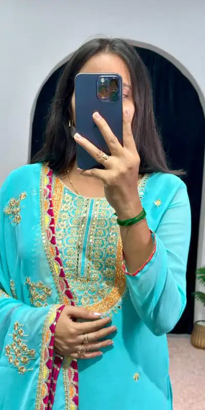 ST 1050 Blue Color Georgette Embroidery Stone & Mirror Salwar Suit Casual, Wedding, Party, Festive, Events Etc. Expected Delivery 4-6 Working Days @2199/- | Jump Suits, Salwar suit, Casual Suits, Creative suits, Designer Suits, Palazzo Suits, Party Wear Suits, Patiala Suits, Straight Suits