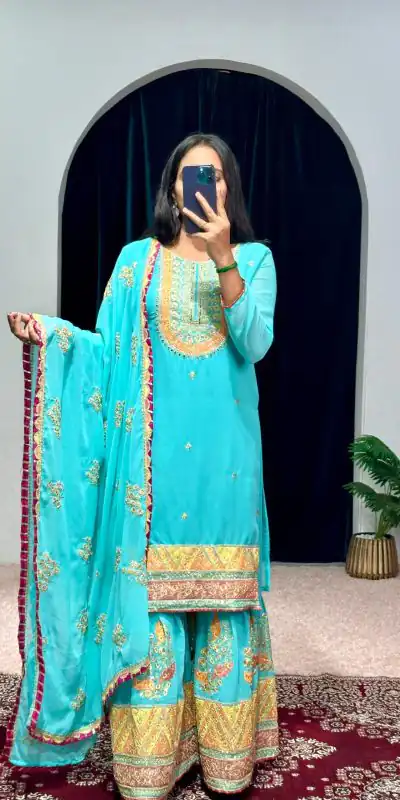 ST 1050 Blue Color Georgette Embroidery Stone & Mirror Salwar Suit Casual, Wedding, Party, Festive, Events Etc. Expected Delivery 4-6 Working Days @2199/- | Jump Suits, Salwar suit, Casual Suits, Creative suits, Designer Suits, Palazzo Suits, Party Wear Suits, Patiala Suits, Straight Suits