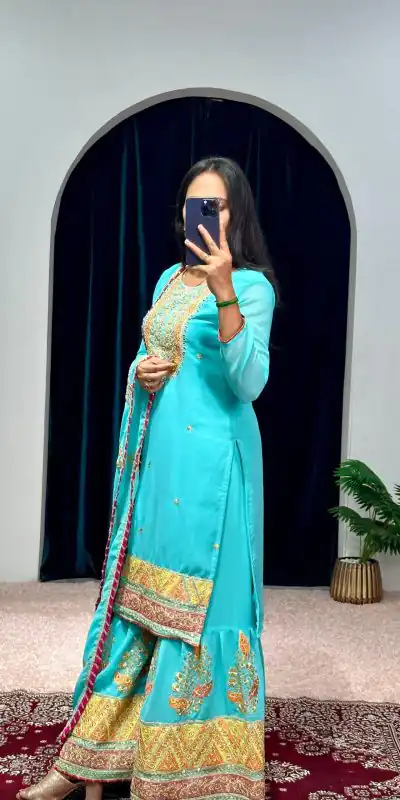 ST 1050 Blue Color Georgette Embroidery Stone & Mirror Salwar Suit Casual, Wedding, Party, Festive, Events Etc. Expected Delivery 4-6 Working Days @2199/- | Jump Suits, Salwar suit, Casual Suits, Creative suits, Designer Suits, Palazzo Suits, Party Wear Suits, Patiala Suits, Straight Suits