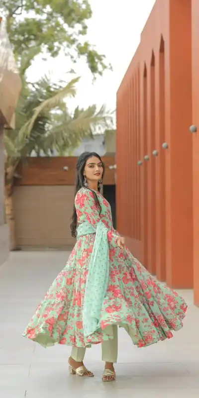 NF 1121 Green color Georgette Material Digital Printed Anarkali Suit Casual, Wedding, Party, Festive, Events . Expected Delivery  4-6 Working Days @2099 | Anarkali Suits, Bollywood Anarkali, Creative-Anarkali, Designer Anarkali, Embroidered Anarkali, Party Wear Anarkali