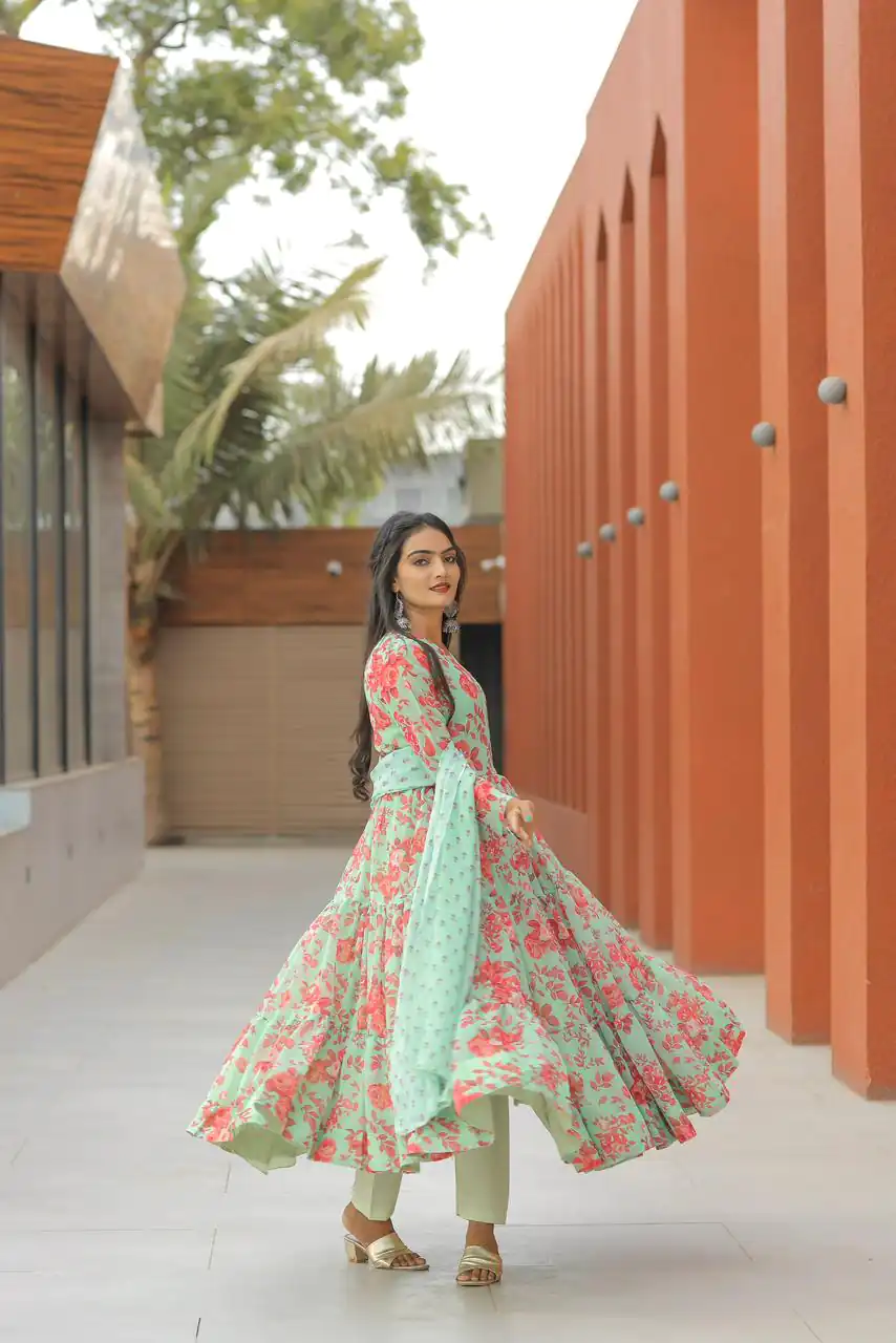 NF 1121 Green color Georgette Material Digital Printed Anarkali Suit Casual, Wedding, Party, Festive, Events . Expected Delivery 4-6 Working Days @2099 | Anarkali Suits, Bollywood Anarkali, Creative-Anarkali, Designer Anarkali, Embroidered Anarkali, Party Wear Anarkali
