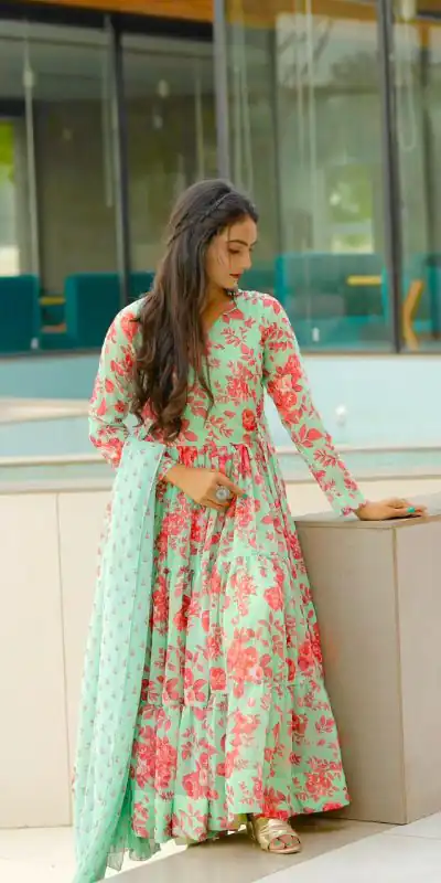 NF 1121 Green color Georgette Material Digital Printed Anarkali Suit Casual, Wedding, Party, Festive, Events . Expected Delivery 4-6 Working Days @2099 | Anarkali Suits, Bollywood Anarkali, Creative-Anarkali, Designer Anarkali, Embroidered Anarkali, Party Wear Anarkali