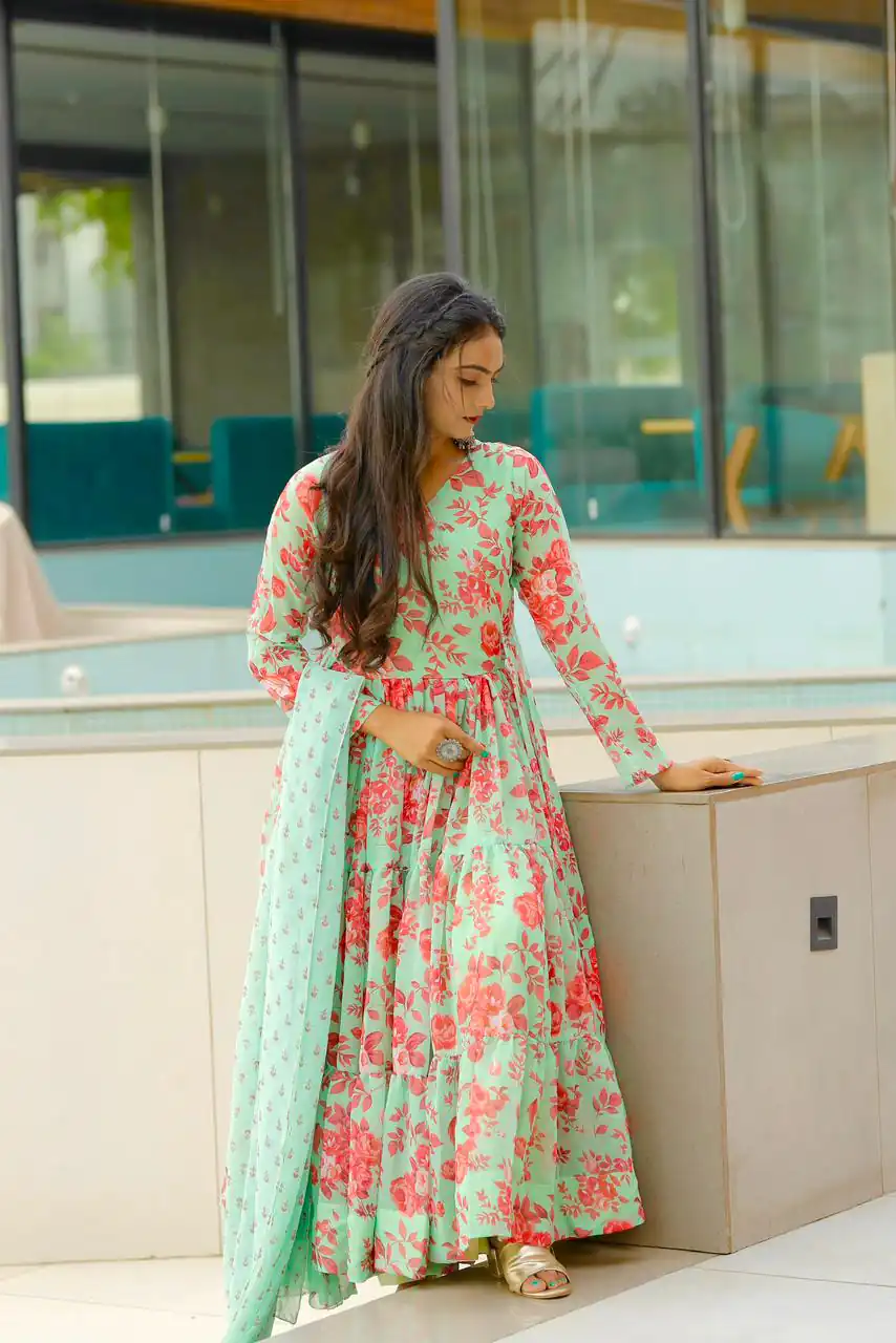 NF 1121 Green color Georgette Material Digital Printed Anarkali Suit Casual, Wedding, Party, Festive, Events . Expected Delivery 4-6 Working Days @2099 | Anarkali Suits, Bollywood Anarkali, Creative-Anarkali, Designer Anarkali, Embroidered Anarkali, Party Wear Anarkali
