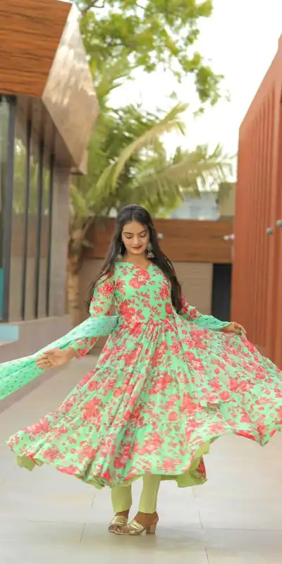 NF 1121 Green color Georgette Material Digital Printed Anarkali Suit Casual, Wedding, Party, Festive, Events . Expected Delivery 4-6 Working Days @2099 | Anarkali Suits, Bollywood Anarkali, Creative-Anarkali, Designer Anarkali, Embroidered Anarkali, Party Wear Anarkali