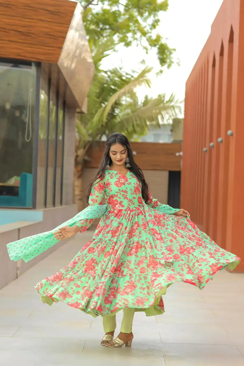 NF 1121 Green color Georgette Material Digital Printed Anarkali Suit Casual, Wedding, Party, Festive, Events . Expected Delivery 4-6 Working Days @2099 | Anarkali Suits, Bollywood Anarkali, Creative-Anarkali, Designer Anarkali, Embroidered Anarkali, Party Wear Anarkali