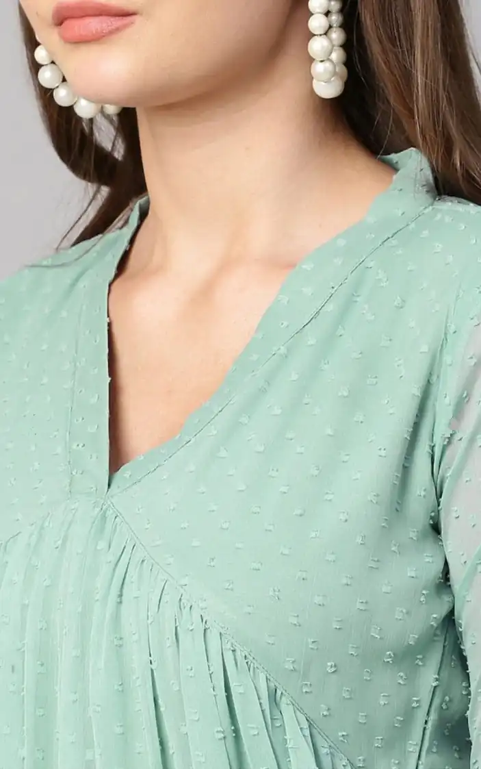 MC 1020 Light Green Color Chiffon V-Neck Gathered Midi Kurti Casual, Party Wear, Wedding, Events, Festivals Wear Expected Delivery 4-6 Working Days @1399/- | Kurti, Bollywood Kurti, Creative Kurtis, Designer Kurti, Party Wear Kurti, Selfie Kurti