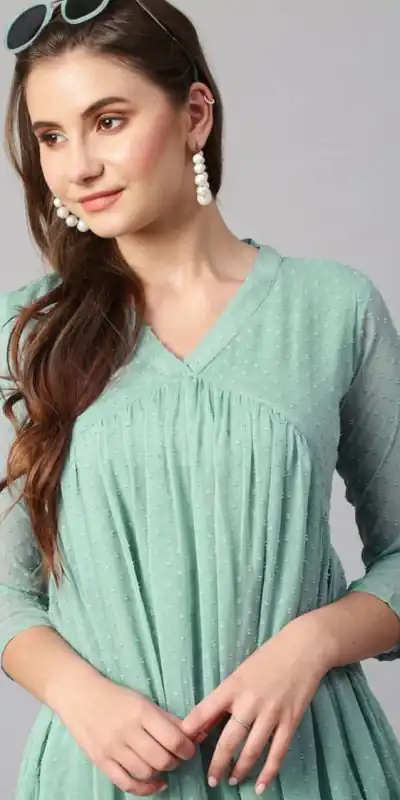 MC 1020 Light Green Color Chiffon V-Neck Gathered Midi Kurti Casual, Party Wear, Wedding, Events, Festivals Wear Expected Delivery 4-6 Working Days @1399/- | Kurti, Bollywood Kurti, Creative Kurtis, Designer Kurti, Party Wear Kurti, Selfie Kurti