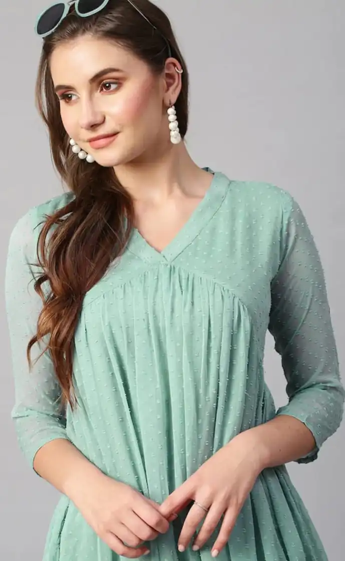 MC 1020 Light Green Color Chiffon V-Neck Gathered Midi Kurti Casual, Party Wear, Wedding, Events, Festivals Wear Expected Delivery 4-6 Working Days @1399/- | Kurti, Bollywood Kurti, Creative Kurtis, Designer Kurti, Party Wear Kurti, Selfie Kurti
