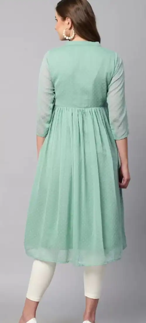 MC 1020 Light Green Color Chiffon V-Neck Gathered Midi Kurti Casual, Party Wear, Wedding, Events, Festivals Wear Expected Delivery 4-6 Working Days @1399/- | Kurti, Bollywood Kurti, Creative Kurtis, Designer Kurti, Party Wear Kurti, Selfie Kurti