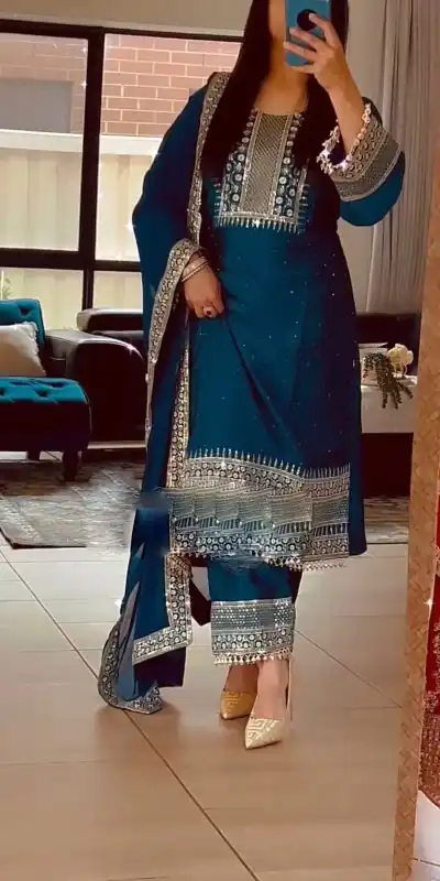 ZF 371 Peacock Blue Color Chinnon Silk Embroidery Salwar Suit Casual, Wedding, Party, Events Etc. Expected Delivery 4-6 Working Days 2099/- | Jump Suits, Salwar suit, Casual Suits, Creative suits, Designer Suits, Palazzo Suits, Party Wear Suits, Patiala Suits, Straight Suits