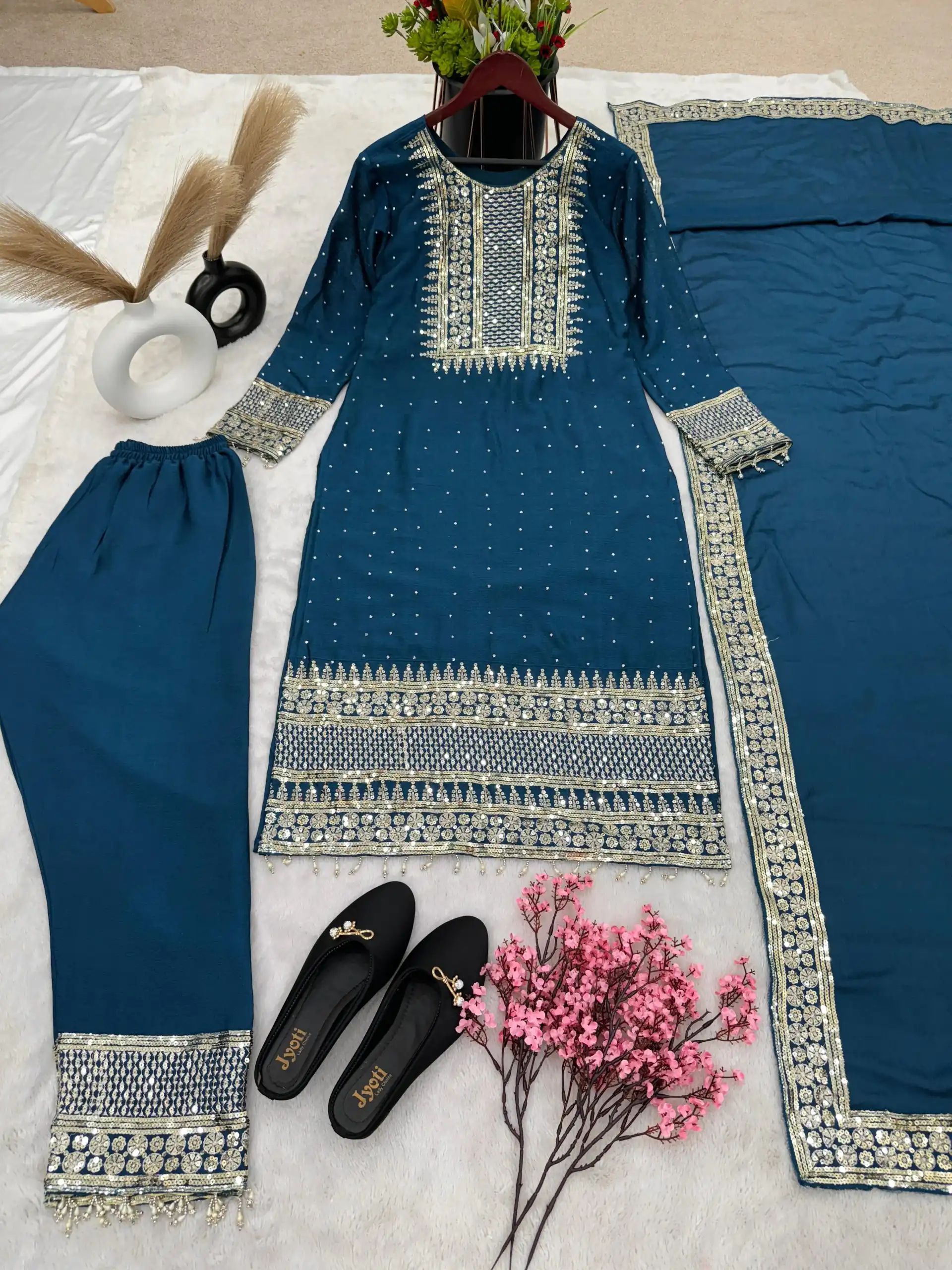ZF 371 Peacock Blue Color Chinnon Silk Embroidery Salwar Suit Casual, Wedding, Party, Events Etc. Expected Delivery 4-6 Working Days 2099/- | Jump Suits, Salwar suit, Casual Suits, Creative suits, Designer Suits, Palazzo Suits, Party Wear Suits, Patiala Suits, Straight Suits