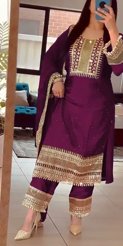 ZF 371 Purple Color Chinnon Silk Embroidery Salwar Suit Casual, Wedding, Party, Events Etc. Expected Delivery 4-6 Working Days 2099/- | Jump Suits, Salwar suit, Casual Suits, Creative suits, Designer Suits, Palazzo Suits, Party Wear Suits, Patiala Suits, Straight Suits