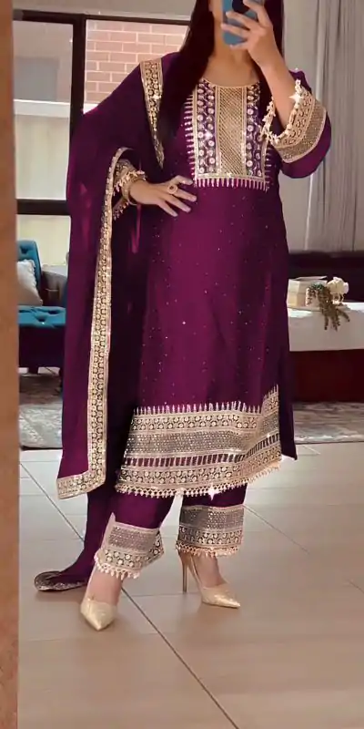 ZF 371 Purple Color Chinnon Silk Embroidery Salwar Suit Casual, Wedding, Party, Events Etc. Expected Delivery 4-6 Working Days 2099/- | Jump Suits, Salwar suit, Casual Suits, Creative suits, Designer Suits, Palazzo Suits, Party Wear Suits, Patiala Suits, Straight Suits