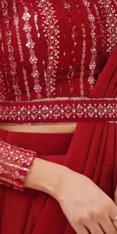 BE 225 Red Color Georgette Ruffle Blouse Embroidery Lehenga Saree Wedding, Party, Festive events, etc. Expected Delivery 4-6 Working Days @1999/- | Lehenga, Bollywood Lehenga, Creative Lehenga, Designer Lehenga, Embroidered Lehenga, Party Wear Lehenga