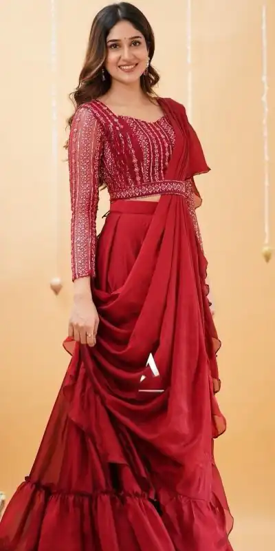 BE 225 Red Color Georgette Ruffle Blouse Embroidery Lehenga Saree Wedding, Party, Festive events, etc. Expected Delivery 4-6 Working Days @1999/- | Lehenga, Bollywood Lehenga, Creative Lehenga, Designer Lehenga, Embroidered Lehenga, Party Wear Lehenga