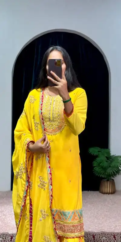 ST 1050 Yellow Color Georgette Embroidery Stone & Mirror Salwar Suit Casual, Wedding, Party, Festive, Events Etc. Expected Delivery 4-6 Working Days @2199/- | Jump Suits, Salwar suit, Casual Suits, Creative suits, Designer Suits, Palazzo Suits, Party Wear Suits, Patiala Suits, Straight Suits