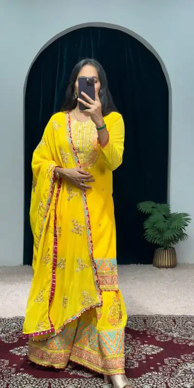 ST 1050 Yellow Color Georgette Embroidery Stone & Mirror Salwar Suit Casual, Wedding, Party, Festive, Events Etc. Expected Delivery 4-6 Working Days @2199/- | Jump Suits, Salwar suit, Casual Suits, Creative suits, Designer Suits, Palazzo Suits, Party Wear Suits, Patiala Suits, Straight Suits