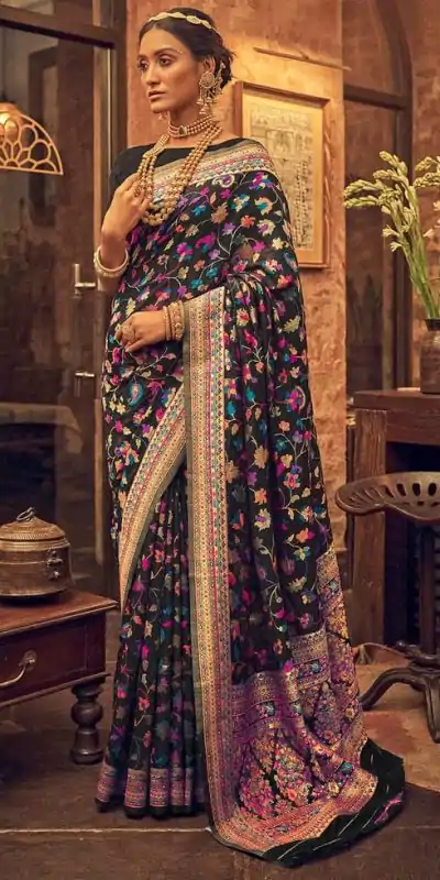 DDF 502 Black Color Kashmiri Running Thread Zari Work Saree Casual, Party Wear, Events, Festivals Etc. Expected Delivery 4-6 Working Days 2399/- | Designer Sarees, Sarees, Bollywood Sarees, Creative Sarees, Embroidered Sarees, Ethnic Saree, Modern Digital sarees, Party Wear Sarees