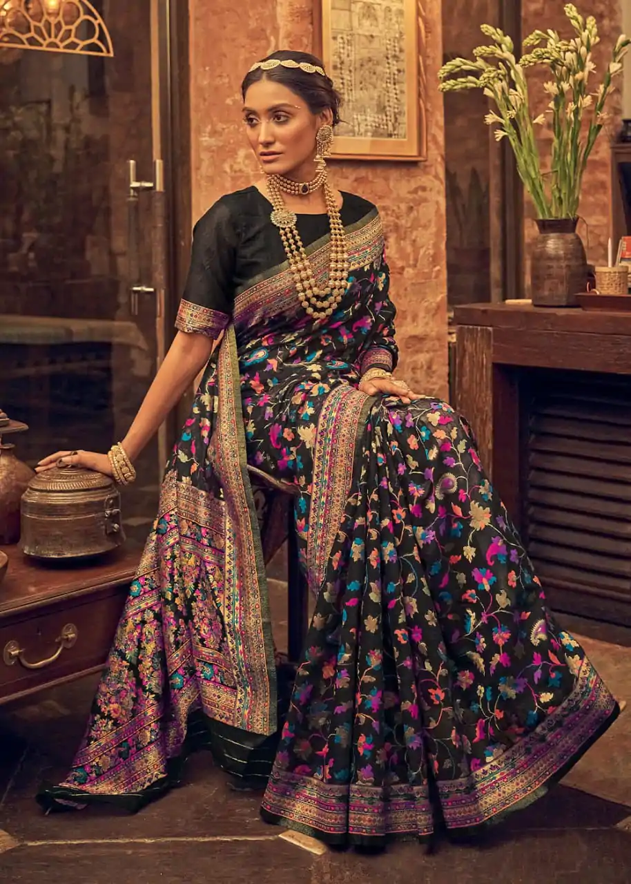 DDF 502 Black Color Kashmiri Running Thread Zari Work Saree Casual, Party Wear, Events, Festivals Etc. Expected Delivery 4-6 Working Days 2399/- | Designer Sarees, Sarees, Bollywood Sarees, Creative Sarees, Embroidered Sarees, Ethnic Saree, Modern Digital sarees, Party Wear Sarees