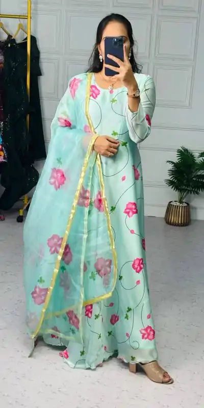 ST 1019 Blue Color Satin Georgette With Digital Print Anarkali Suit Casual, Wedding, Party, Festive, Events Etc. Expected Delivery 4-6 Working Days @1399/- | Anarkali Suits, Bollywood Anarkali, Creative-Anarkali, Designer Anarkali, Embroidered Anarkali, Party Wear Anarkali