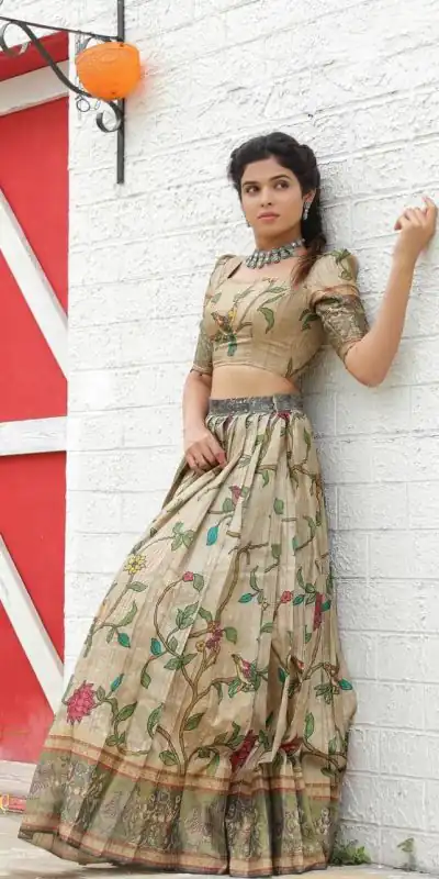 PC 337 Chiku Color Malhari Silk Kalamkari Printed Lehenga Choli Casual, Party Wear, Events, Festivals Wear Expected Delivery 4-6 Working Days @2099/- | Lehenga, Bollywood Lehenga, Creative Lehenga, Designer Lehenga, Embroidered Lehenga, Party Wear Lehenga