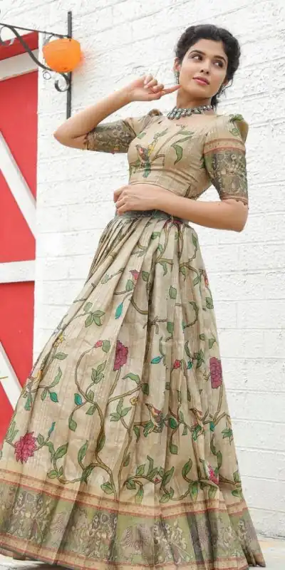 PC 337 Chiku Color Malhari Silk Kalamkari Printed Lehenga Choli Casual, Party Wear, Events, Festivals Wear Expected Delivery 4-6 Working Days @2099/- | Lehenga, Bollywood Lehenga, Creative Lehenga, Designer Lehenga, Embroidered Lehenga, Party Wear Lehenga