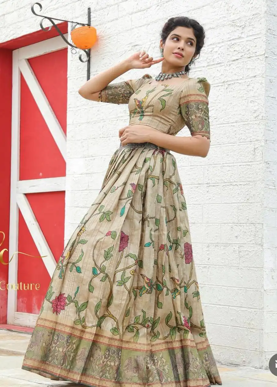 PC 337 Chiku Color Malhari Silk Kalamkari Printed Lehenga Choli Casual, Party Wear, Events, Festivals Wear Expected Delivery 4-6 Working Days @2099/- | Lehenga, Bollywood Lehenga, Creative Lehenga, Designer Lehenga, Embroidered Lehenga, Party Wear Lehenga