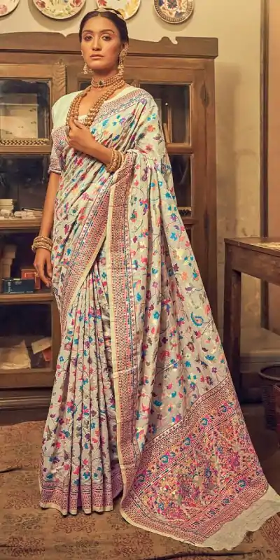 DDF 502 Cream Color Kashmiri Running Thread Zari Work Saree Casual, Party Wear, Events, Festivals Etc. Expected Delivery 4-6 Working Days 2399/- | Designer Sarees, Sarees, Bollywood Sarees, Creative Sarees, Embroidered Sarees, Ethnic Saree, Modern Digital sarees, Party Wear Sarees