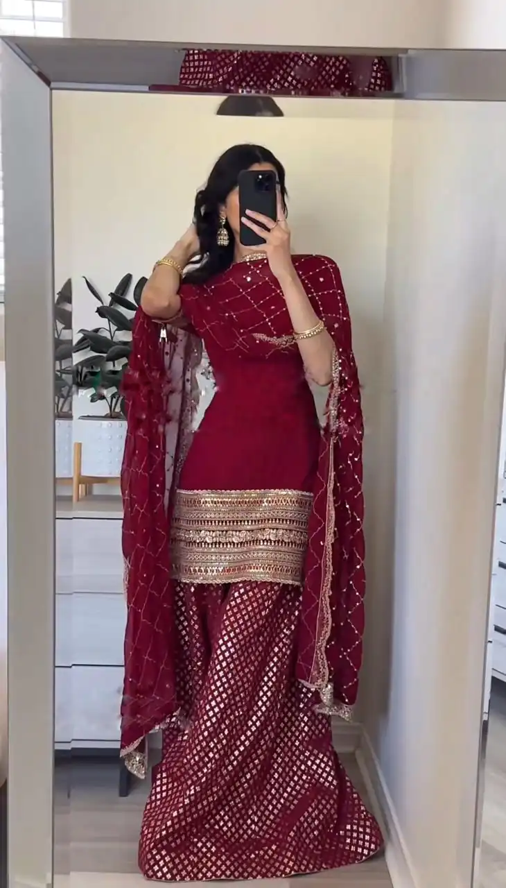 SRK 5164 Maroon Color Georgette Embroidery Sequence Salwar Suit Wedding, Party, Festive, Events Expected Delivery 4-6 Working Days @ 2199/- | Salwar suit, Casual Suits, Creative suits, Designer Suits, Palazzo Suits, Party Wear Suits, Patiala Suits, Straight Suits