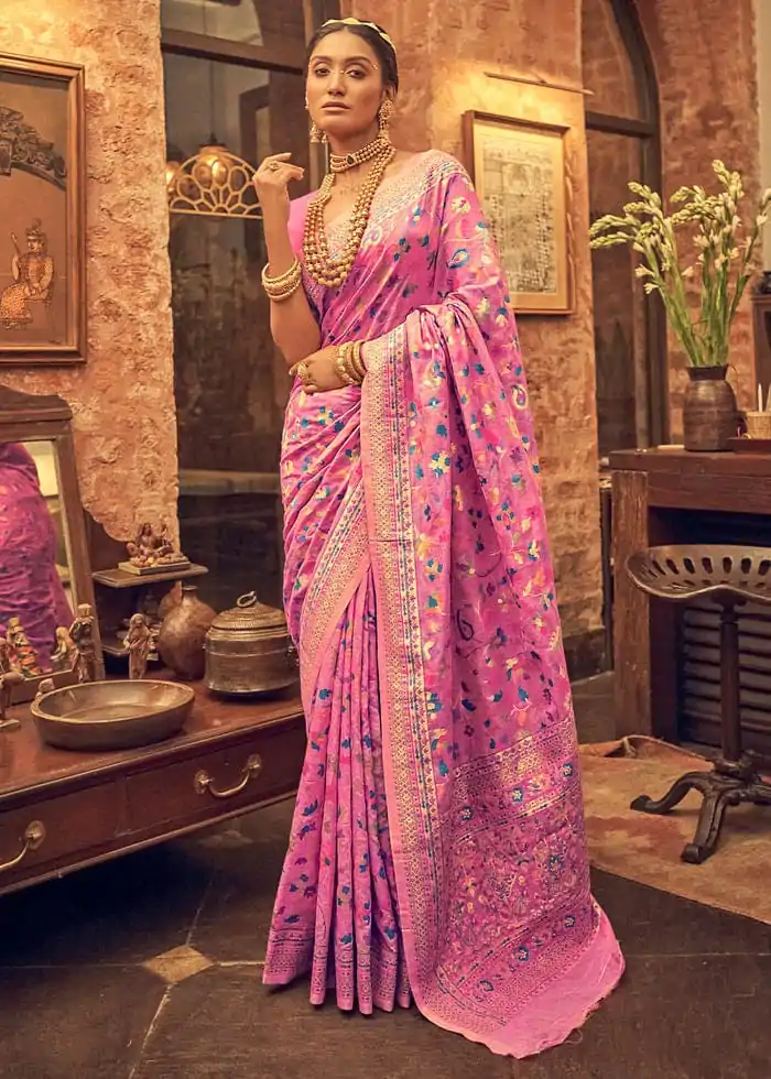 DDF 502 Pink Color Kashmiri Running Thread Zari Work Saree Casual, Party Wear, Events, Festivals Etc. Expected Delivery 4-6 Working Days 2399/- | Designer Sarees, Sarees, Bollywood Sarees, Creative Sarees, Embroidered Sarees, Ethnic Saree, Modern Digital sarees, Party Wear Sarees