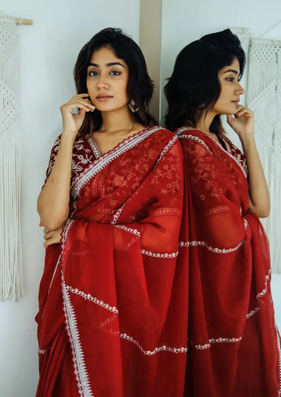  AC CADBURY Red Color Pure Soft Organza Zari Sequence Saree Casual, Wedding, Festive, Events Expected Delivery 4-6 Working Days @1949/- | Designer Sarees, Sarees, Bollywood Sarees, Creative Sarees, Embroidered Sarees, Ethnic Saree, Modern Digital sarees, Party Wear Sarees