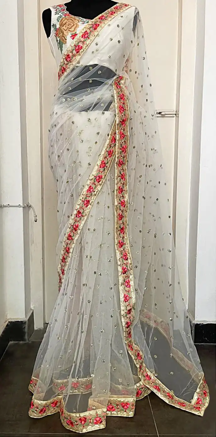 KT 233 White Color Nylon Butterfly Net Thread & Zari Work Saree Blouse: Bangalore Silk Casual, Party Wear, Wedding   Expected Delivery 4-6 Working Days@1799/- | Designer Sarees, Sarees, Bollywood Sarees, Creative Sarees, Embroidered Sarees, Party Wear Sarees