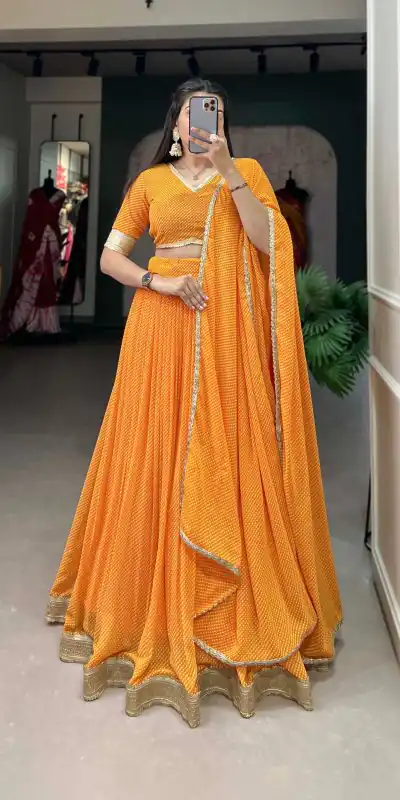 LNB 1212 Mustard Color Georgette Print With Lace Border Lehenga Choli Festive Party Wedding, Events etc. Delivery 4-6 Working Days @2149/- | Lehenga, Bollywood Lehenga, Creative Lehenga, Designer Lehenga, Embroidered Lehenga, Party Wear Lehenga