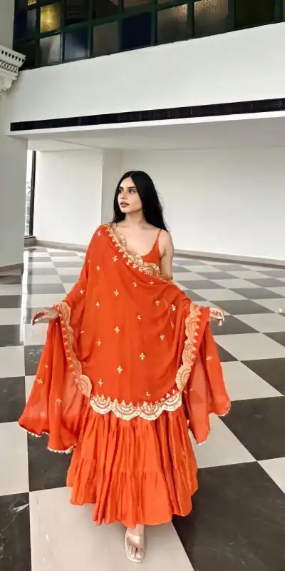 SSR 391 Orange Color Chinon Silk Embroidery Sequence Anarkali Suit Wedding, Party, Festive, Events Expected Delivery 4-6 Working Days @ 1849/- Only | Anarkali Suits, Bollywood Anarkali, Creative-Anarkali, Designer Anarkali, Embroidered Anarkali, Party Wear Anarkali, Straight Suits