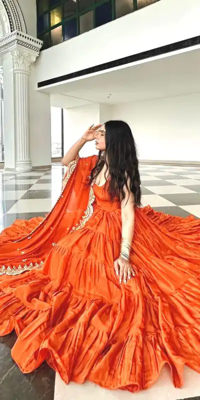 SSR 391 Orange Color Chinon Silk Embroidery Sequence Anarkali Suit Wedding, Party, Festive, Events Expected Delivery 4-6 Working Days @ 1849/- Only | Anarkali Suits, Bollywood Anarkali, Creative-Anarkali, Designer Anarkali, Embroidered Anarkali, Party Wear Anarkali, Straight Suits